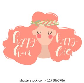 hand drawn flat  vector illustration of woman with red curly hair and qoute - happy hair happy life