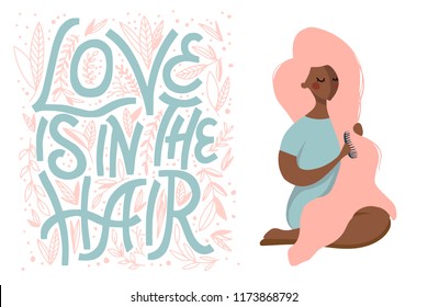 hand drawn flat  vector illustration of woman with long pink hair and qoute - love is in the hair 