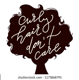 hand drawn flat  vector illustration of woman with curly hair and qoute - curly hair don't care