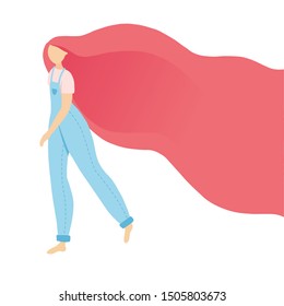 Hand drawn flat vector illustration of cute woman with long pink  hair