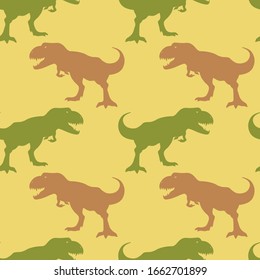 Hand drawn flat vector illustration colorful seamless pattern silhouette green and brown tyrannosaurus on yellow background. Best design for textile, wrapping paper, wallpaper, backdrop, scrapbooking