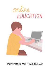 Hand drawn flat vector illustration - online education of children at school. A boy sits at a table in front of a computer and does homework singly
