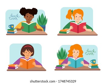 Hand drawn flat vector illustration set cartoon characters of different races. Cute smiling girl sitting on table reading book. Literature fan, home education, introvert, book lover concept.