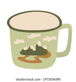 Hand drawn flat vector illustration of a mug decorated with mountains isolated on white background. Camping and tourism equipment.	