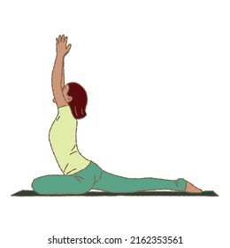 Hand drawn flat vector illustration of person who doing pigeon yoga or fitness exercise on mat isolated on white background. 