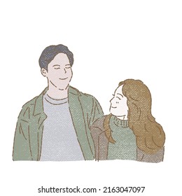 Hand drawn flat vector illustration of young happy couple cartoon characters smiling, looking each other, hugging and standing together in colored pencil or painting style isolated on white background