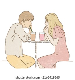 Hand drawn flat vector illustration of young happy couple cartoon character looking at each other, sitting, dating at table with drinks in colored pencil or painting style isolated on white background