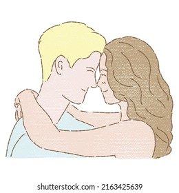 Hand drawn flat vector illustration of a young happy couple cartoon character looking at each other, hugging, embrace around neck in colored pencil or painting style isolated on white background