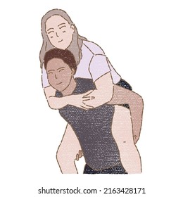 Hand drawn flat vector illustration of a young happy couple cartoon character hugging, piggy back riding in colored pencil or painting style isolated on white background