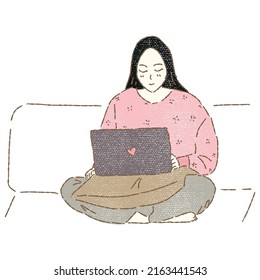 Hand gezeichnete flache Vektorgrafik einer freiberuflichen Cartoon-Figur, die auf einem Sofa sitzt und mit einem Laptop mit Farbstift oder einem Malstil einzeln auf weißem Hintergrund versehen ist