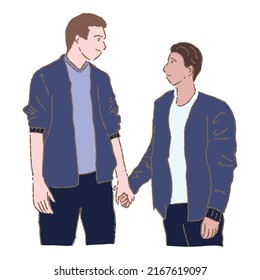 Hand drawn flat vector illustration of gay couple cartoon characters smiling, looking at each other and holding hands isolated on white background. 