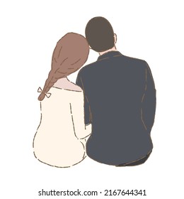 Hand drawn flat vector illustration of a young happy couple cartoon characters sitting back view  isolated on white background