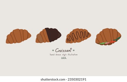 Hand drawn flat vector illustration of a set of assorted cafe element croissant pastry icon. Chocolate croissant and sandwich.
For bakery menu, food design, sticker, graphic, print