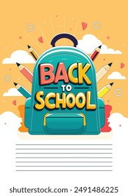 "Ilustración vectorial plana dibujada a mano de la mochila con el texto de 'Volver a la escuela'". 