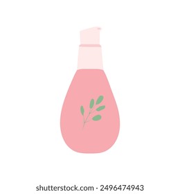 Hand drawn flat vector illustration with cosmetic products. Skin care packaging: serum or oil bottle in pastel green and pink colors. Perfect for shop, home decor, stickers, cards, flyers