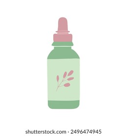 Hand drawn flat vector illustration with cosmetic products. Skin care packaging: serum or oil bottle in pastel green and pink colors. Perfect for shop, home decor, stickers, cards, flyers