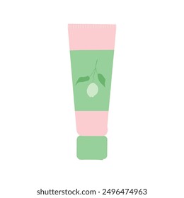 Hand drawn flat vector illustration with cosmetic products. Skin care packaging: cream tube in pastel green and pink colors. Perfect for shop, home decor, stickers, cards, flyers