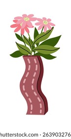 Hand drawn flat vector illustration of a long curvy abstract vase with delicate pink flowers and green leaves. Modern minimalist composition, isolated on a white background