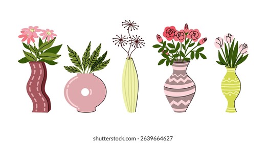 Hand drawn flat vector illustration with set of vases with delicate pink and red flowers and green leaves. 