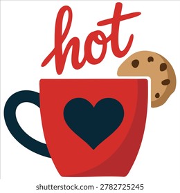 Hand drawn flat vector illustration of cute cup of tea or coffee with cookie and text Hot on white background