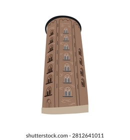 Hand drawn flat vector illustration of a tall round brick tower with rows of arched windows and a dark dome roof on a white background.