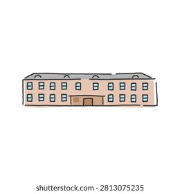 Hand drawn flat vector illustration of a long campus dormitory or classroom building with rows of blue windows on a white background.