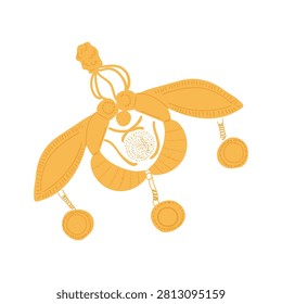 Hand drawn flat vector illustration of an ornate gold pendant jewelry piece with dangling tassels in ancient Greek style on a white background.