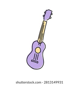 Hand drawn flat vector illustration of a purple ukulele in tropical style on a white background.