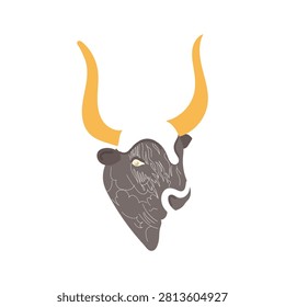 Hand drawn flat vector illustration of a stylized gray bull head with large golden horns and a pale muzzle marking in ancient Greek mythological style on a white background.