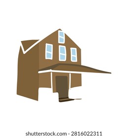 Hand drawn flat vector illustration of a brown saltbox style house with a covered front porch and gabled roofline on a white background.