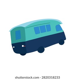 Hand drawn flat vector illustration of a teal and navy trolley bus on a white background.