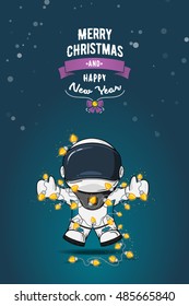 Hand drawn flat vector illustration. Cartoon astronaut in spacesuit with garland of Christmas lights. Greeting card