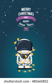 Hand drawn flat vector illustration. Cartoon astronaut in spacesuit with garland of Christmas lights. Greeting card