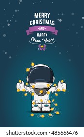 Hand drawn flat vector illustration. Cartoon astronaut in spacesuit with garland of Christmas lights. Greeting card