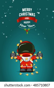 Hand drawn flat vector illustration. Cartoon astronaut in spacesuit with garland of Christmas lights. Greeting card