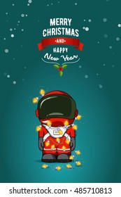 Hand drawn flat vector illustration. Cartoon astronaut in spacesuit with garland of Christmas lights. Greeting card