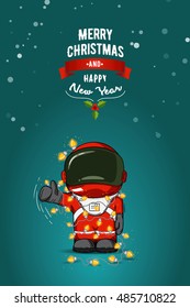 Hand drawn flat vector illustration. Cartoon astronaut in spacesuit with garland of Christmas lights. Greeting card