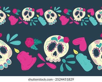 Hand drawn flat vector seamless border with Dia de los Muertos illustrations with decorated skulls, roses, candles, and festive elements on a dark background. Perfect for promotions