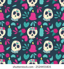 Hand drawn flat vector seamless pattern with Dia de los Muertos illustrations with decorated skulls, roses, candles, and festive elements on a dark background. Perfect for promotions