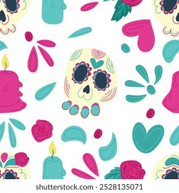 Hand drawn flat vector seamless pattern with Dia de los Muertos illustrations with decorated skulls, roses, candles, and festive elements on a white background. Perfect for promotions