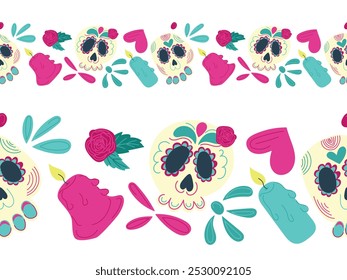 Hand drawn flat vector seamless border with Dia de los Muertos illustrations with decorated skulls, roses, candles, and festive elements on a white background. Perfect for promotions, web design