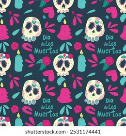 Hand drawn flat vector seamless pattern with Dia de los Muertos illustrations with decorated skulls, roses, candles, and festive elements on a dark background. Perfect for promotions