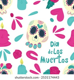 Padrão sem emenda de vetor plano desenhado à mão com ilustrações Dia de los Muertos com crânios decorados, rosas, velas e elementos festivos em um fundo branco. Perfeito para promoções