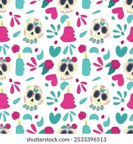 Hand drawn flat vector seamless pattern with Dia de los Muertos illustrations with decorated skulls, roses, candles, and festive elements on a white background. Perfect for promotions