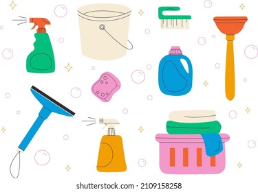 Hand drawn flat vector set of bucket, spray, sponge, plunger, laundry basket, detergent, brushes. Various items for cleaning. Housework concept,  cleaning elements vector illustration.