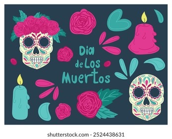 Conjunto de vetor plano desenhado à mão de Dia de los Muertos ilustrações com crânios decorados, rosas, velas e elementos festivos em um fundo escuro. Perfeito para promoções e celebrações de eventos culturais