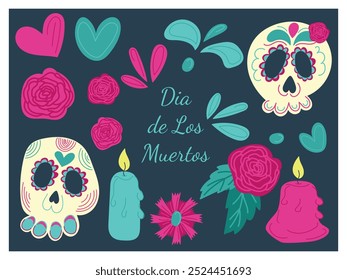 Conjunto de vetor plano desenhado à mão de Dia de los Muertos ilustrações com crânios decorados, rosas, velas e elementos festivos em um fundo escuro. Perfeito para promoções e celebrações de eventos culturais