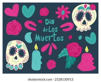 Hand drawn flat vector set of Dia de los Muertos illustrations with decorated skulls, roses, candles, and festive elements on a dark background. Perfect for cultural event promotions and celebrations