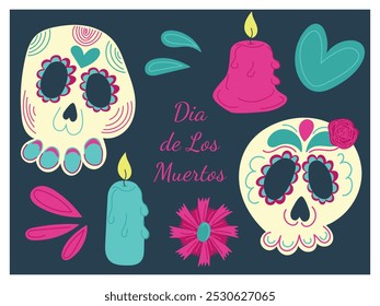 Hand drawn flat vector set of Dia de los Muertos illustrations with decorated skulls, roses, candles, and festive elements on a dark background. Perfect for cultural event promotions and celebrations