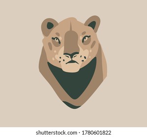 Hand drawn flat vector stock abstract graphic illustration with African wild lioness head cartoon animal design isolated on background